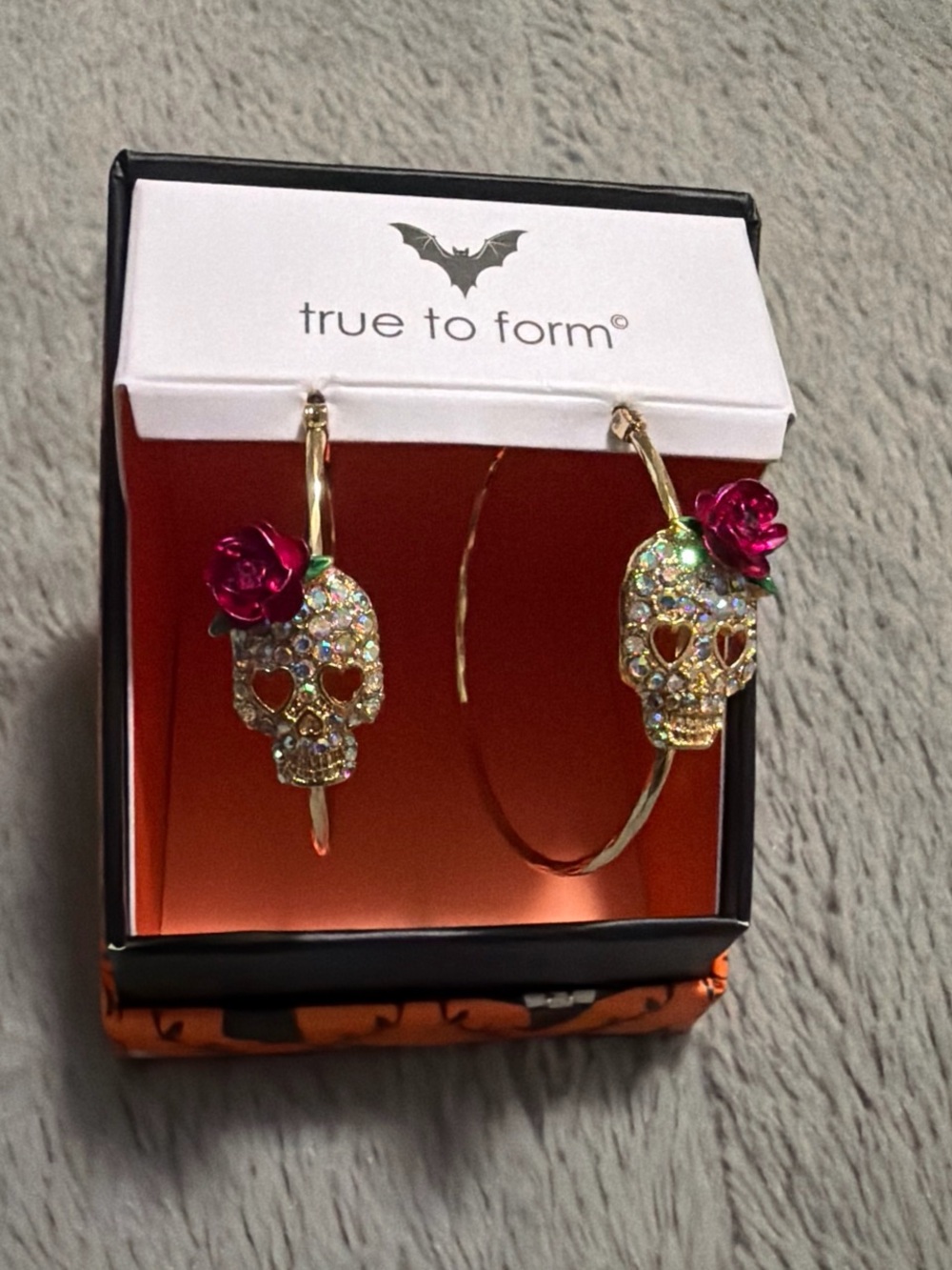 True to Form Gold Crystal Skull Hoop Earrings with Pink Rose